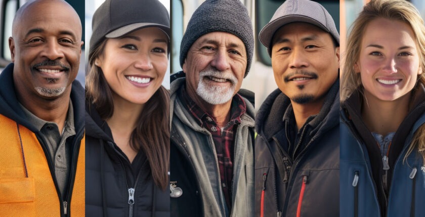 A vertically divided image showing 5 different trucking employees, from all ethnicities, each smiling happily.