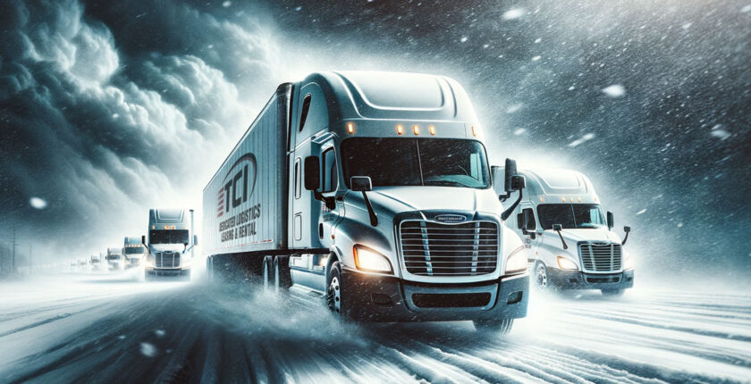 A group of white Freightliner tractor-trailer trucks in motion, delivering essential supplies during a dramatic winter snowstorm.