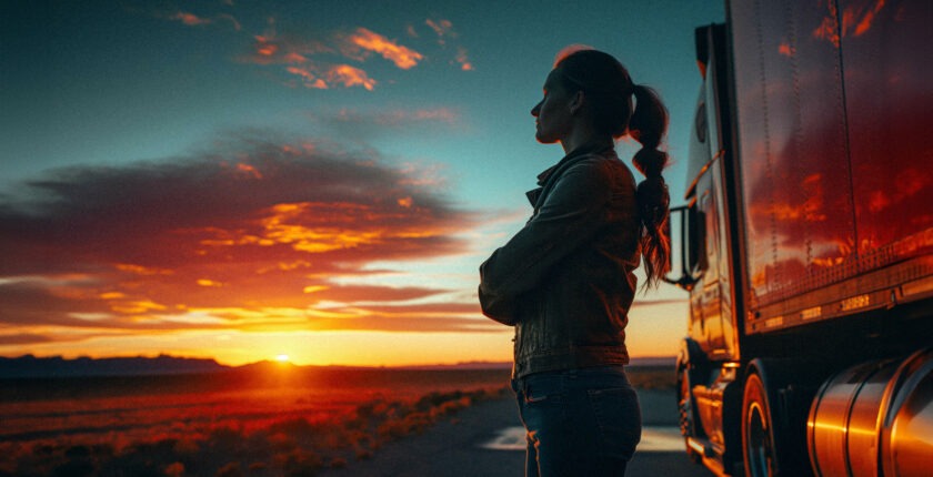 A portrait of a woman at sunrise standing proudly in front of her semi-truck, with a vast landscape in the background.