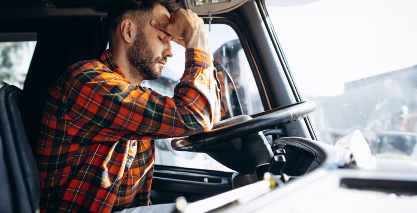 Man trucker tired driving in a cabin of his truck