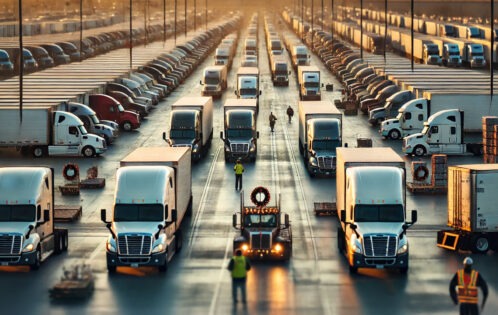 A bustling freight yard with semi trucks during the holidays, with workers managing traffic and cargo.