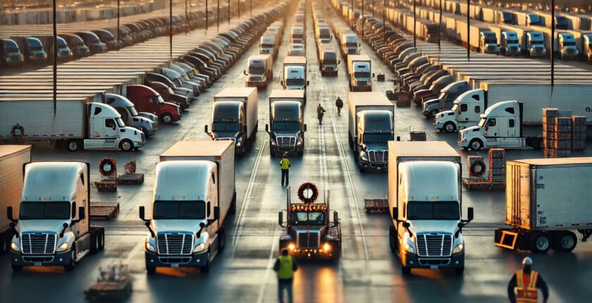 A bustling freight yard with semi trucks during the holidays, with workers managing traffic and cargo.