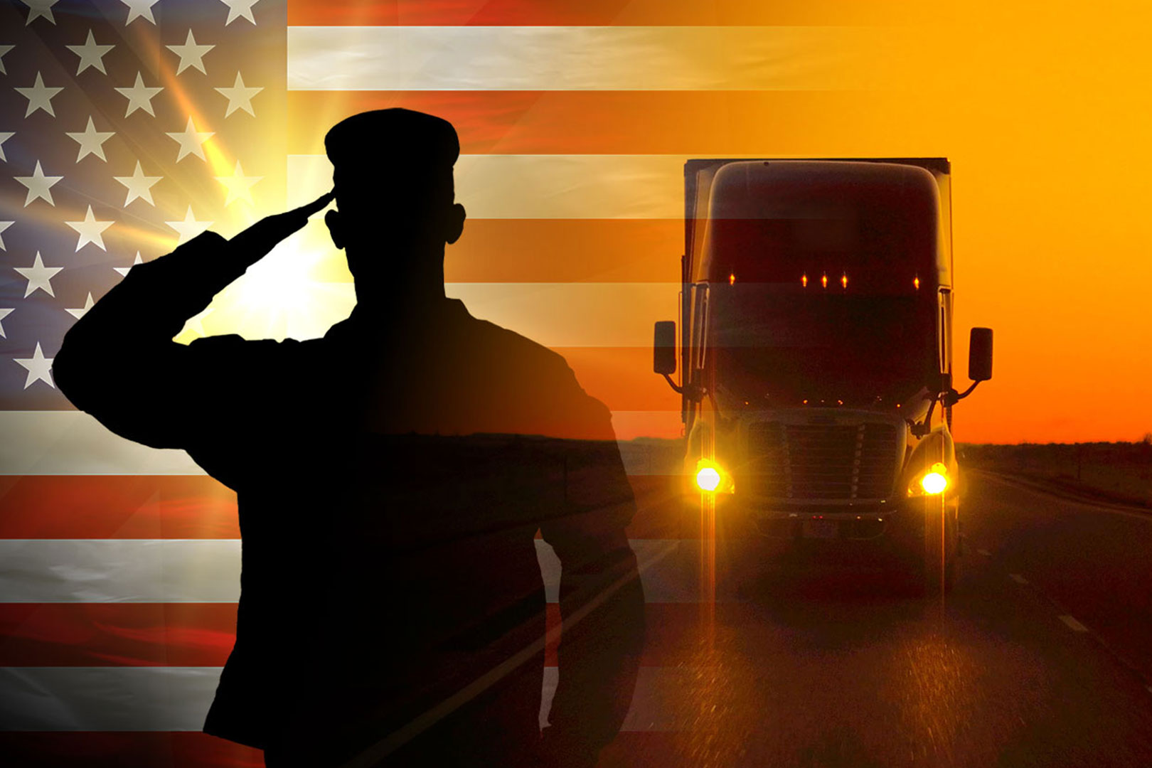 Military Veteran saluting to US Flag with semi in background during sunrise