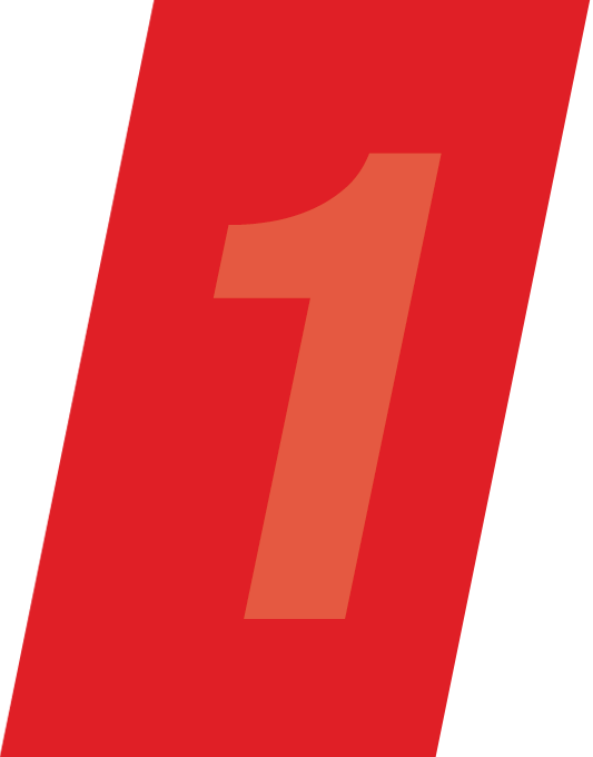 Number 1 inside a slanted red rectangle