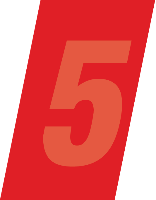 Number 5 inside a slanted red rectangle