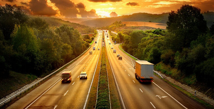 Highway traffic from overhead in sunset