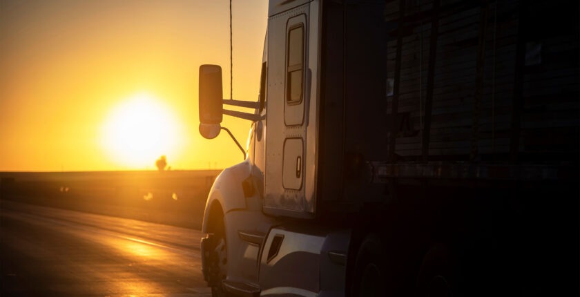 Long Haul 18 Wheel Truck driving on a highway at sunrise or sunset