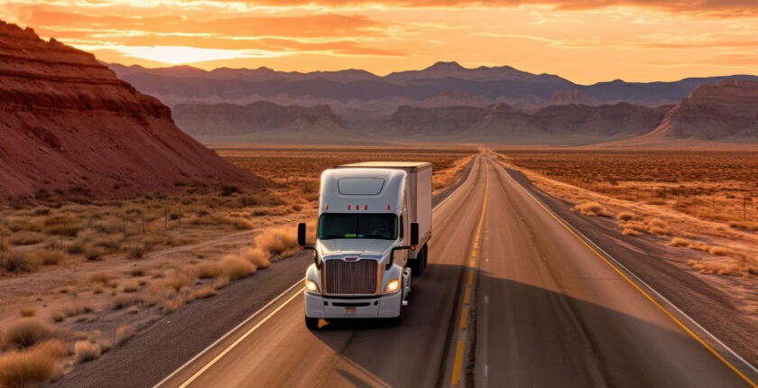 Majestic scene capturing a transport semi-truck effortlessly crossing the expansive terrain of the southwest United States