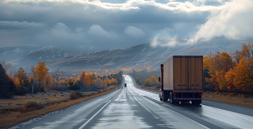 Truck driving down scenic highway